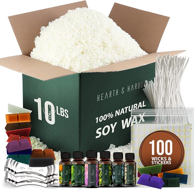 Hearth & Harbor Organic Soy Candle Wax for Candle Making, Premium 10 lbs Natural Candles Making Supplies, Beeswax-Free, Paraffin-Free, Pure Soy Wax Flakes Perfect for Candles, Tealights and Melts