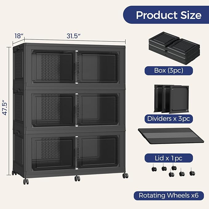 150GAL Storage Bins with Lid and Wheels, Stackable Closet Organizers and Storage Drawer, Collapsible Storage Box with Dividers, Foldable Plastic Cabinets Cubes Totes for Garage, 3 Pack Black