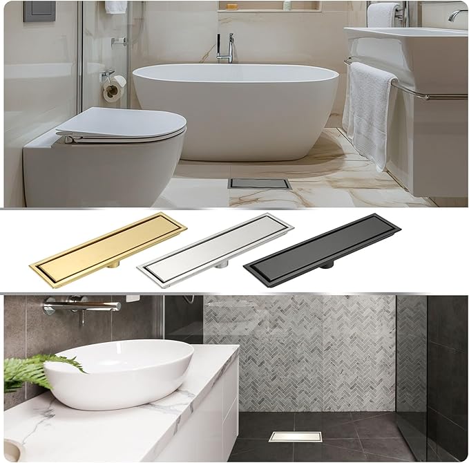uxcell Rectangular Shower Drain, Brushed 304 Stainless Steel Odor-Proof Floor Drain Linear Shower Drain Hair Catcher for Bathroom Kitchen and Laundry Room(8 Inch, Gold)