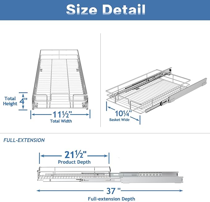 Pull Out Cabinet Organizer 11½" W x 21½" D, Heavy Duty Cabinet Pull Out Shelves, Slide Out Drawers Organization for Kitchen Cabinets Bathroom