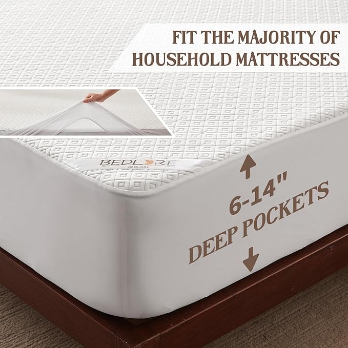BEDLORE Twin Mattress Protector, Waterproof Noiseless Mattress Cover with Stretchable Pockets for 6-15 inches Mattress, Soft Breathable Mattress Pad Machine Washable (White)