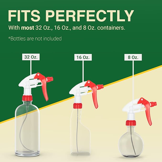 Heluva Green Spray Bottle Nozzle Replacement, Bottle Tops Only - Sprayer Nozzle Triggers for Heavy Duty, Commercial, Home Cleaning Solutions - Fits 8,16,24,32 oz Plastic & Glass Bottles, Red 6 Pack