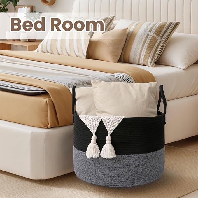Woven Blanket Basket,65L Large Rope Storage Bin with Handles, Organizer for Blankets Toys Book and Clothes, Laundry Basket for Living Room Bedroom Nursery,Black&Grey