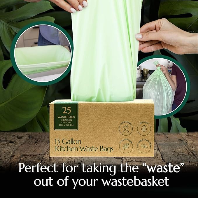 Cleanomic Compostable* 13 Gallon Trash Bags with Drawstring (2 Pack, 50 Count), BPI Certified For Kitchen Compost