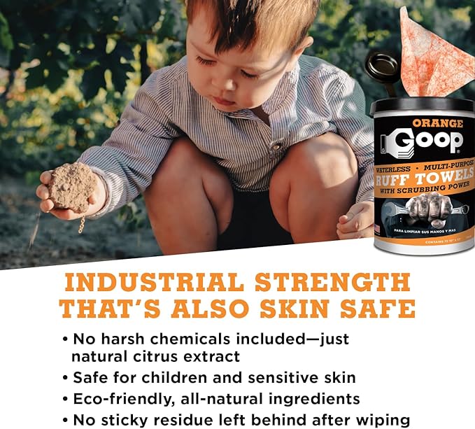 GOOP Orange Heavy Duty Ruff Towels with Scrubbing Power, 10” x 12” Dual Textured Multi-Purpose Cleaning Wipes, Removes Dirt, Grease, Oil, 72 Count