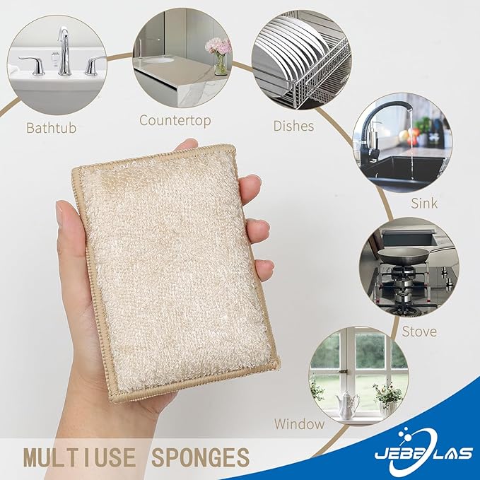 JEBBLAS Bamboo Natural Kitchen Sponges Dish Sponge Cleaning Sponge Heavy Duty Scrub Sponge for Cleaning Kitchen and Household Green (8 Pack)