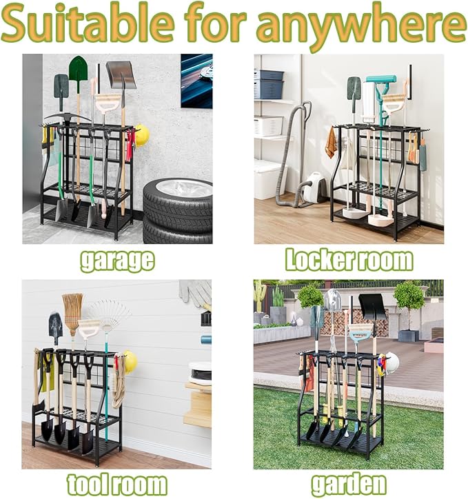 Garden Tool Organizer Holder Heavy Duty Steel Rack Up to 60 Long Handled Tools for Garage Shed Outdoor Garden Yard Black