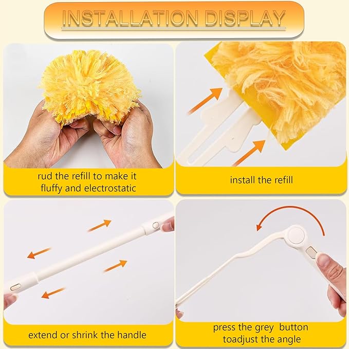 Duster Refills Compatible with Swiffer Duster, 360 Heavy Duty Multi Surface Duster Replacement with 1 Short Handle and 3FT Extenda Handle for Cleaning Furniture, Blind, Ceiling Fans(yellow-360-40pack)
