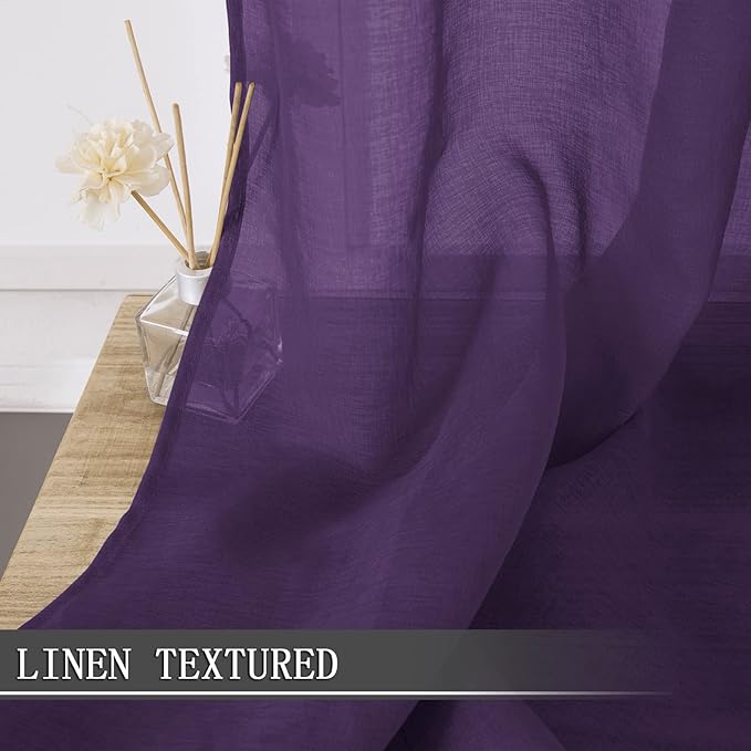 Tollpiz Short Sheer Tier Curtains Linen Textured Half Kitchen Curtain Sheers Light Filtering Rod Pocket Voile Small Curtain for Bathroom, 25 x 24 inches Long, Royal Purple, Set of 2 Panels