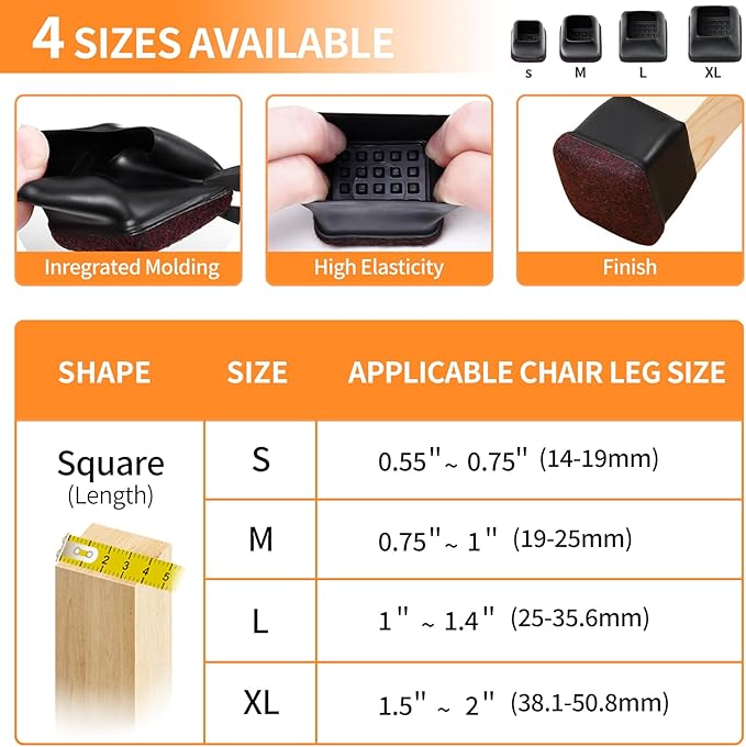 Ezprotekt 24 Pcs Black Square Chair Leg Floor Protectors with Felt, Silicone Felt Furniture Pads Cups for Hardwood Floor, Dining Table Leg Caps Covers No Scratches and Noise (M Fit: 0.75" - 1")