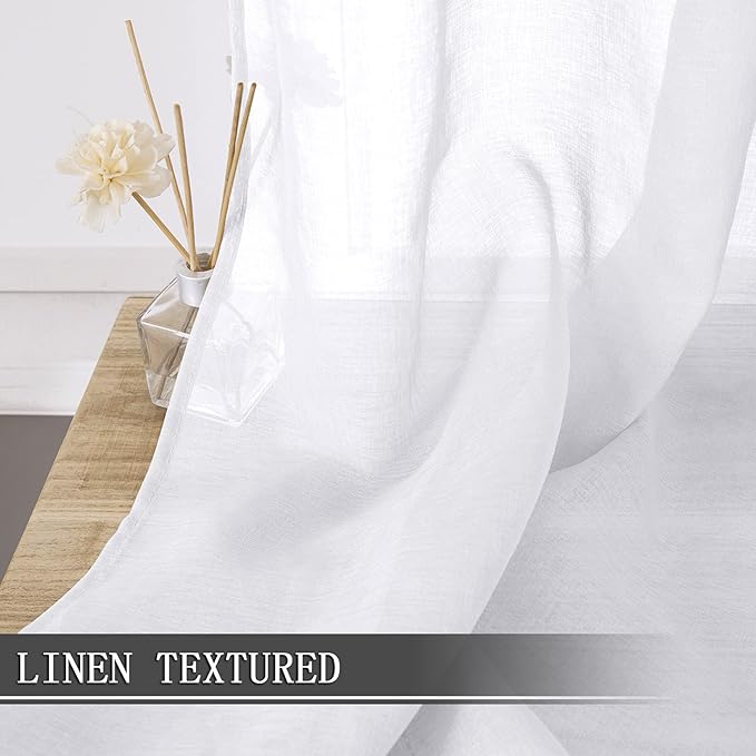 Tollpiz Sheer Curtain Linen Textured Bedroom Curtains Sheer Light Filtering Rod Pocket Voile Curtain for Living Room, 54 x 95 inches Long, White, Set of 2 Panels