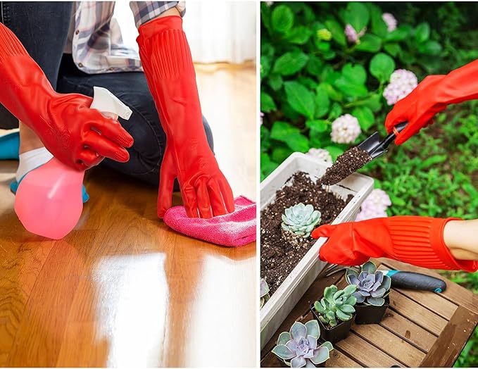 Vgo... 1-Pair Dishwashing Gloves, Reusable Household Gloves, Kitchen Gloves, Long Sleeve, Thick Latex, Cleaning, Washing, Working, Painting, Gardening, Pet Care (Size M,Red, RB2143)