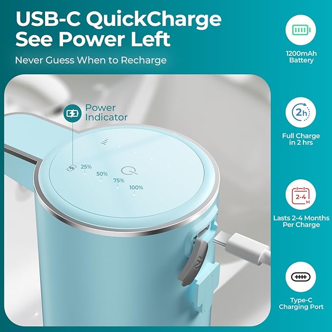Seafoam Automatic Foaming Soap Dispenser - Touchless Hand Sensor, 4 Foam Settings, USB-C 1200mAh Large Capacity Rechargeable, Modern Design for Bathroom & Kitchen