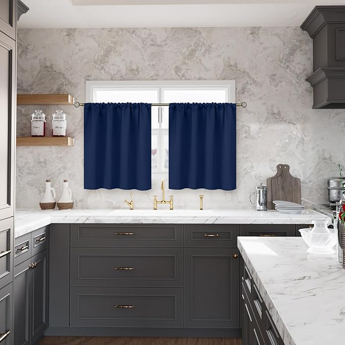 BGment Navy Blue Cafe Curtains for Small Window 24 Inch Length - Half Window Drapes with Rod Pocket for Blackout Blinds Privacy for Kitchen Bathroom, 2 Panels, 29 x 24 Inch