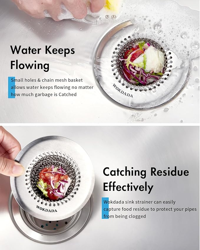 Sink Drain Strainer: Anti-Slip Flexible Chainlink, 304 Stainless Steel. Upgraded Clog-Free Kitchen Version, Easy-Clean Catcher for Garbage Disposal