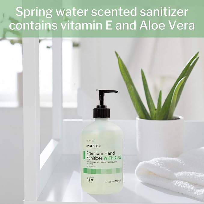 McKesson Hand Sanitizer with Aloe, 18 oz Pump Bottle – 70% Ethyl Alcohol, Spring Water Scent, No-Rinse Gel with Vitamin E and Moisturizers, Medical-Grade Sanitizer