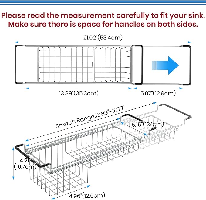 Sink Caddy Sponge Holder Kitchen Sink Organizer Sponge Caddy Expandable 16.06" to 21.02" Farmhouse In-sink Accessories for Rag Detergent Brush Dish Washing Liquid Rack, Stainless Steel