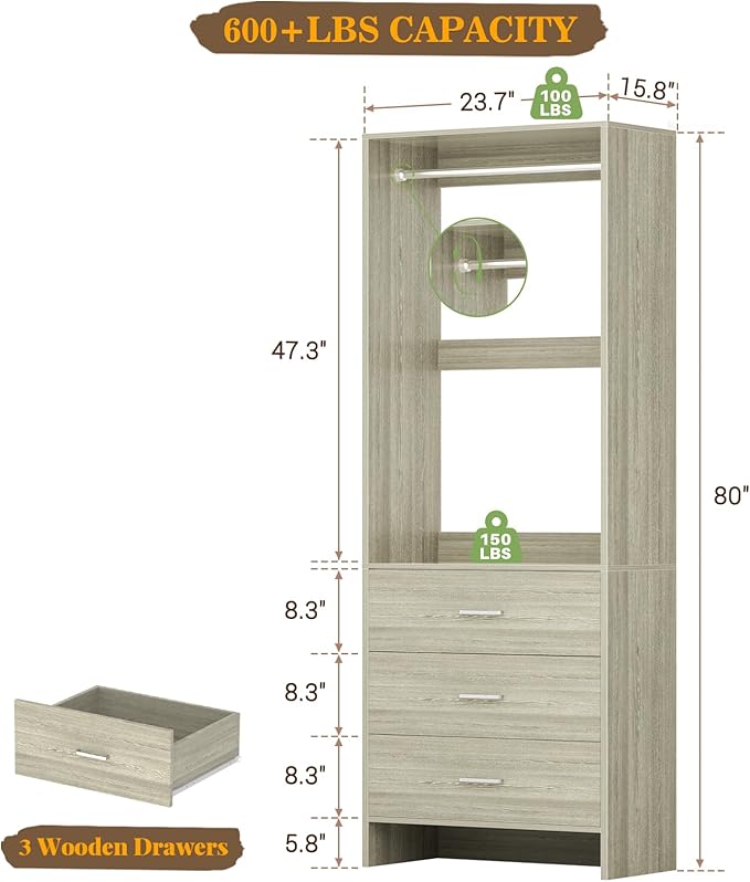 Aheaplus 2FT Closet System with 3 Drawers, 24’’ Closets Organizer, Wood Closet Organizer System, Walk-in Closets or Small Wardrobe, Clothes Rack with Hanging Rods, White Oak