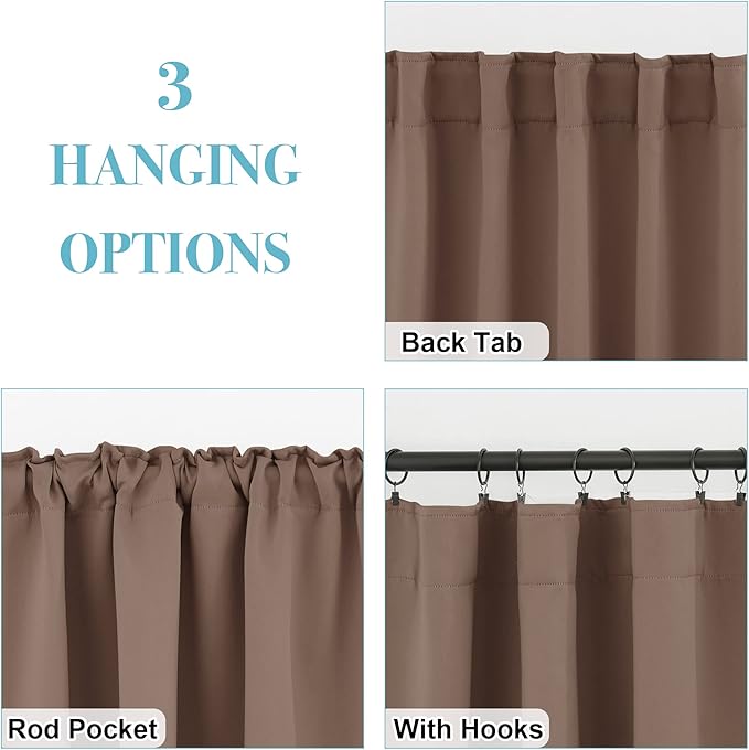 RYB HOME Decorative Curtain Drapes for Coffee, Blackout Window Panels Thermal Insulated Shades Block Summer Heat & Winter Cold for Energy Saving, 42-inch Wide x 72-inch Long, Mocha, 2 Panels