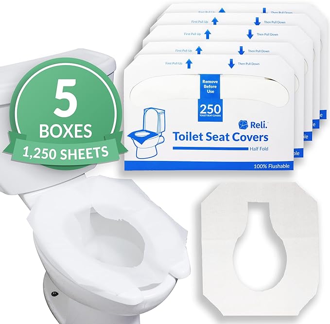 Reli. Toilet Seat Covers (1250 Pcs, 5 Packs of 250) | Disposable Toilet Seat Cover - Flushable - 14x16" (Half-Fold) | Paper Liners for Restroom, Bathroom, Travel, Camping, Kids Potty Training