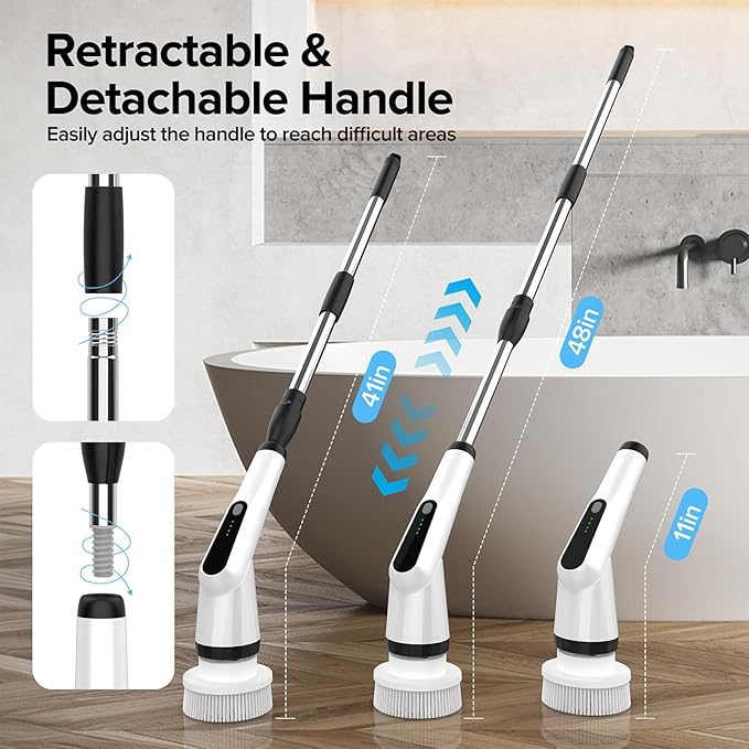 WKY-Electric Spin Scrubber - Upgraded 12-in-1 IPX7 Waterproof Shower Cleaner Brush, Retractable Handle & 2-Speed for Bathroom, Bathtub, Kitchen, Tile Floors