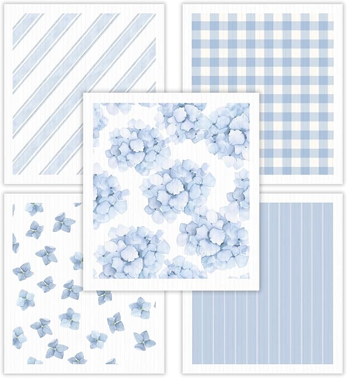 HALL & PERRY Swedish Dishcloths for Kitchen, 5-Pack, Reusable Cellulose Sponge Cloths for Kitchen & Cleaning – Eco-Friendly, Ultra-Absorbent, Quick-Drying (Floral Blue)