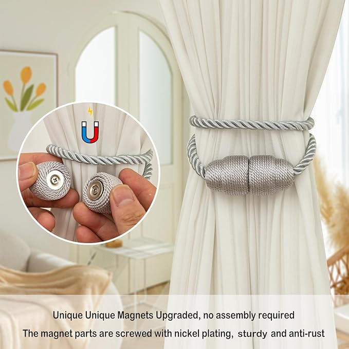Magnetic Curtain Tiebacks - Rope Tiebacks for Curtains & Drapes, Decorative Window Holdbacks (8 Pack, Grey)