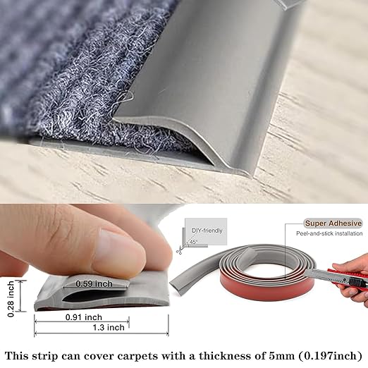 Self Adhesive Carpet Transition Strip with Edge Trim, Designed for Seamless Transitions from Carpet to Tile or Vinyl Floors, Perfect for Doorways.(Gray,82ft)