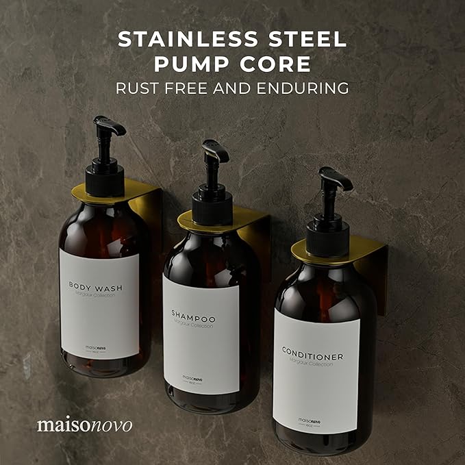 MaisoNovo Shampoo and Conditioner Dispenser - Shower Soap Dispenser Wall Mounted - 16.9 fl oz Set of 3 Amber Plastic Bottles Black Pump - 3 Chamber No Drill