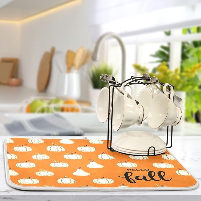 Hello Fall Burnt Orange Dish Drying Mat for Kitchen Countertop 16x18 Autumn Pumpkin Small Drying Mat Reusable Quick Dry Dish Sink Mats Easy Clean Decorative Essentials