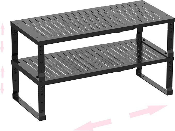 Metal Stackable Expandable Storage Shelf - Multi-Functional Home Storage Shelf, Suitable for Kitchen, Cabinet，Bathroom, Office, Garage, etc.（2PACKS/Black/Large