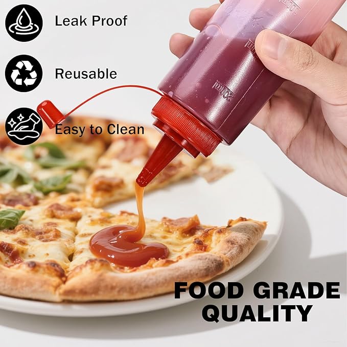 Condiment Squeeze Bottles Ketchup Dispenser, 6 Pack 8oz Squeeze Bottles for Liquids, Plastic Sauce Bottle with Cap Lid, Squirt Bottles for Sauces Liquids BBQ Dressing Pancake Art