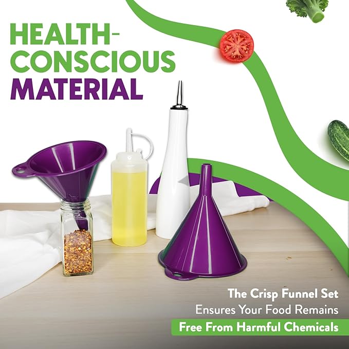 Crisp 2-Piece Funnel Set - All Purpose Funnels for Kitchen Use Filling Bottles - Durable & Dishwasher Safe Kitchen Funnel Set - Made in The USA - Purple