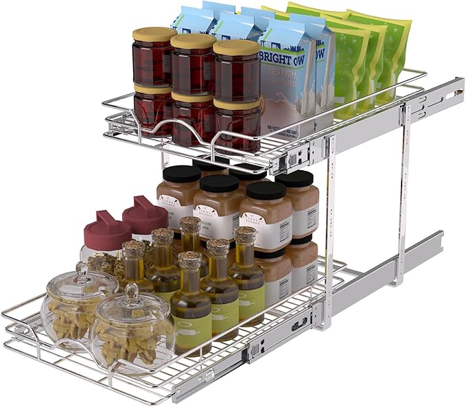 OCG 2 Tier Pull Out Cabinet Organizer (12.5" W x 18" D), Pull Out Drawers for Kitchen Cabinets, Pull Out Shelves for Base Cabinet Organization in Kitchen Bathroom Pantry, Chrome Finish