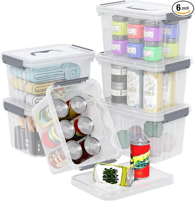 6 Quart Small Clear Plastic Storage Bins with Latching Lids, Storage Latch Box with Handle, 6 Packs