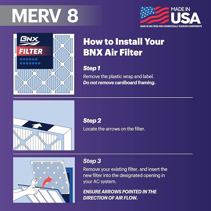 BNX TruFilter 18x20x1 Air Filter MERV 8 (6-Pack) - MADE IN USA – Dust & Pet Defense Electrostatic Pleated Air Conditioner HVAC AC Furnace Filters for Dust, Pet, Mold, Pollen MPR 600 – 700 & FPR 5