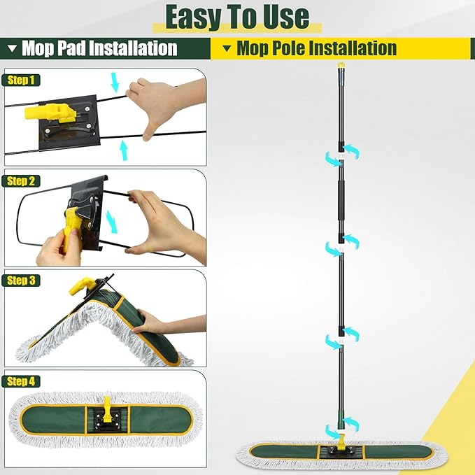 36" Commercial Dust Mop for Floor Cleaning with Replacement Mop Pads, Heavy Duty Industrial Large Floor Wet Dry Mop for Cleaning Office Garage Hardwood Warehouse Factory Mall
