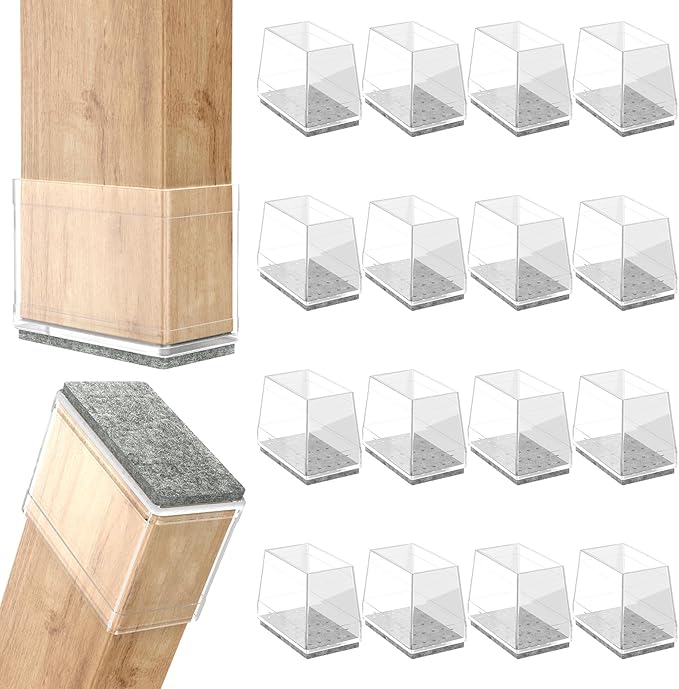 Rectangle Chair Leg Protectors for Hardwood Floors,16 PCS Silicone Covers to Protect Wood Tile Floors Felt Pads Furniture Leg Caps Reduce Noise. Easy to Move.(Clear,1 x 1.5 Inch,Rectangle)