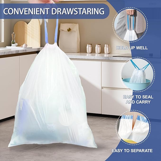 10 Gallon Trash Bags with Drawstring - 120 Count Heavy Duty 1.2 Mil Garbage Bags 38 Liter Unscented White Kitchen Bin Liners for Home & Office