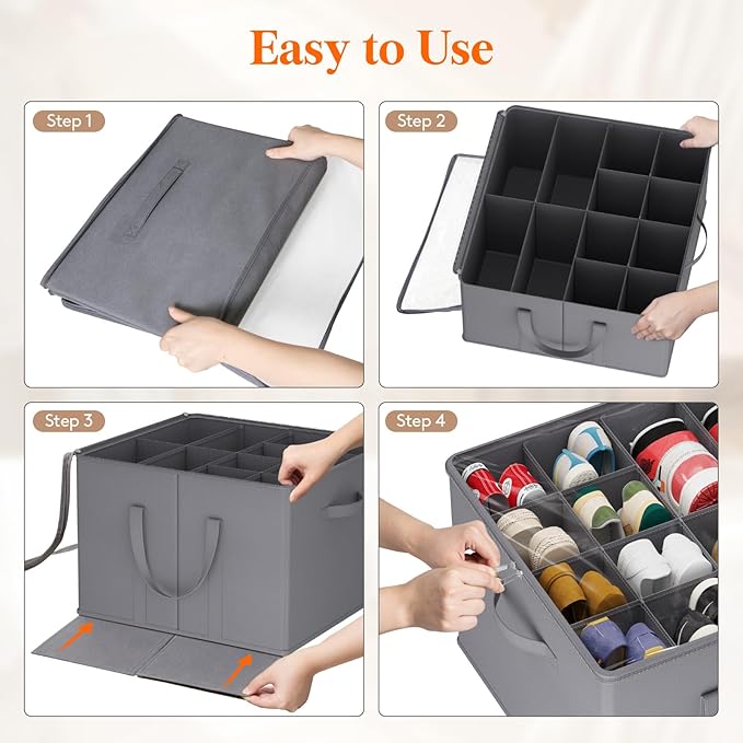 Lifewit Shoe Storage Organizer for Closet Fits 12-16 Pairs, Fabric Large Shoe Box Storage Containers with Clear Cover, Foldable Bins Fit for Boots Heels Sneakers 17"(L) x 17"(W) x 12.5"(H) 3 Pack Gray