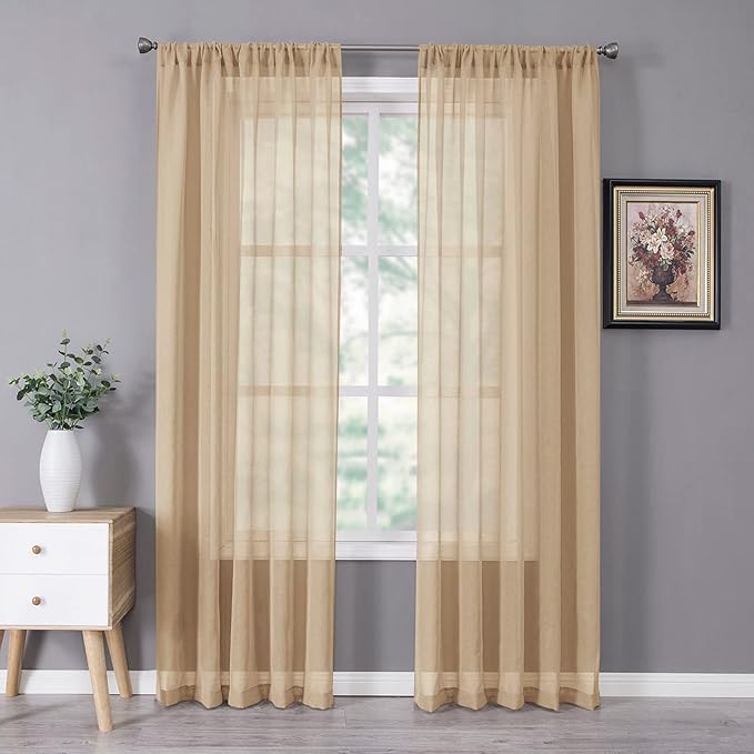 Tollpiz Sheer Curtain Linen Textured Bedroom Curtains Sheer Light Filtering Rod Pocket Voile Curtain for Living Room, 54 x 95 inches Long, Beige, Set of 2 Panels