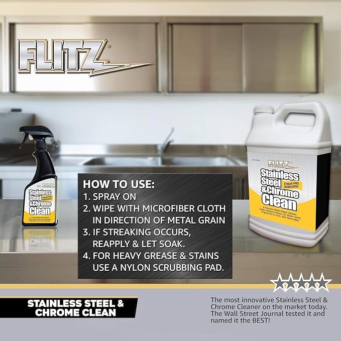 Flitz Stainless Steel & Chrome Clean - 16oz Bottle, USA-Made Stainless Steel Cleaner Spray for Appliances - Grill, Fridge, Sink Stain Remover - Also Works on Aluminum Surfaces (1 Pack)