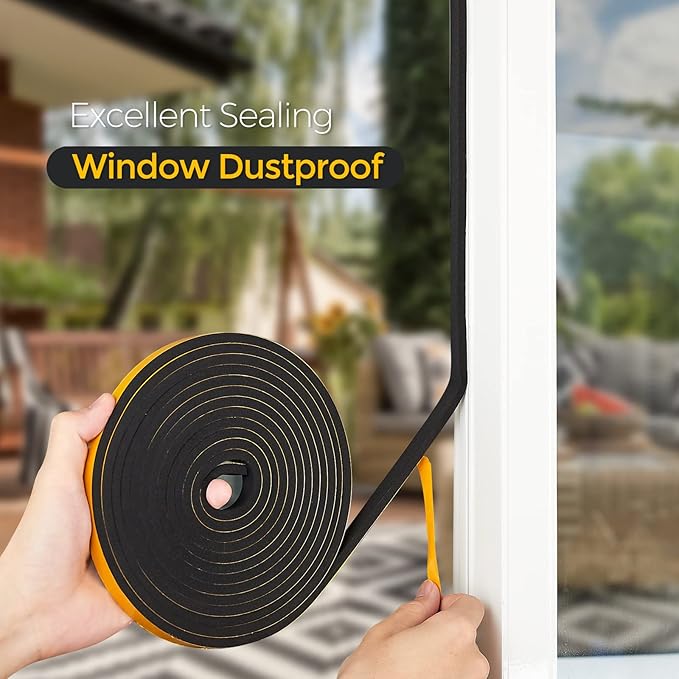 16.5 Feet Weather Stripping Door Seal, 1" Wide X 3/8" Thick Door Seal Strip High Density Foam Tape Adhesive Strip for Door Soundproofing,Window Insulation (1" x 3/8" x 16.5FT,Black)