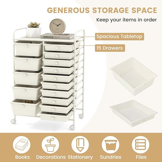 GOFLAME 15-Drawer Rolling Storage Cart, Multipurpose Movable Organizer Cart, Utility Cart for Home, Office, School, White
