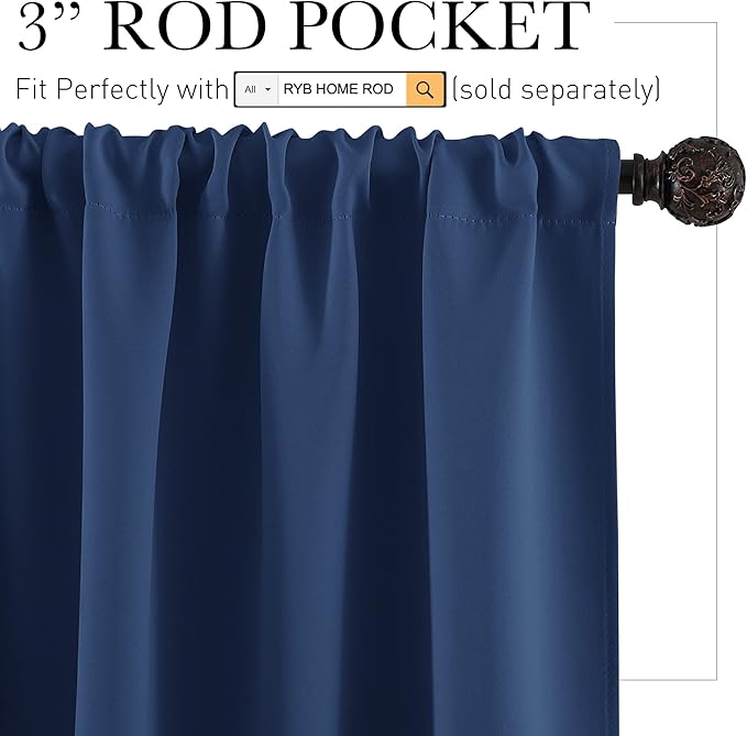 RYB HOME Blackout Curtains Small Window Decor Light Block Thermal Insulated Drapes for Bedroom Bathroom Kitchen Cabinet, W 29 x L 36 inch, Navy Blue, 2 Panels