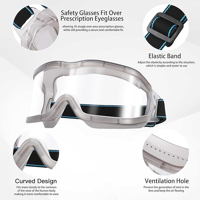 Chemistry Lab Safety Goggles,that Fit Over Glasses,Scientific, Construction, Woodworking, Anti-Fog,Splash,Vent