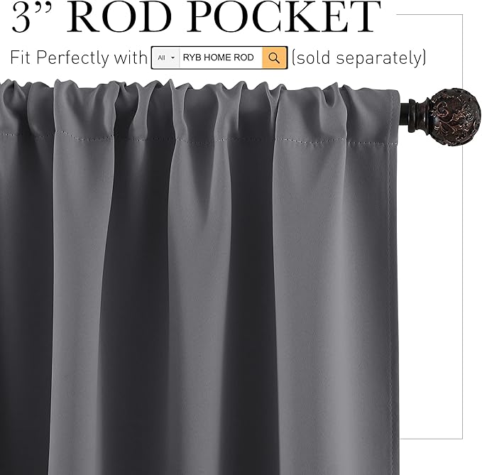 RYB HOME Blackout Curtains Thermal Insulated Panels Decor Slot Top Rod Pocket Blackout Drapes for Living Room Small Window Dressing Energy Saving & Room Darkening, 42 x 54, Grey, 2 Pieces