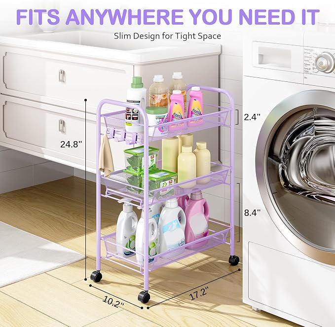 TOOLF 3-Tier Metal Rolling Cart, Mesh Wire Easy Assemble Utility Cart, Storage Trolley on Wheels with 3 Hooks, MetalStorage Shelving Units for Kitchen Bathroom Laundry Room