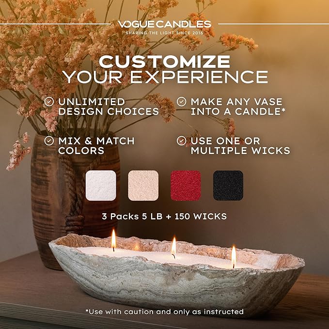 Vogue Candles 3-Pack 5 LB Refillable White Pearled Candle Sand – 15 LB Value Bundle with 150 Reusable Wicks - Bulk Plant-Based Candle Granules