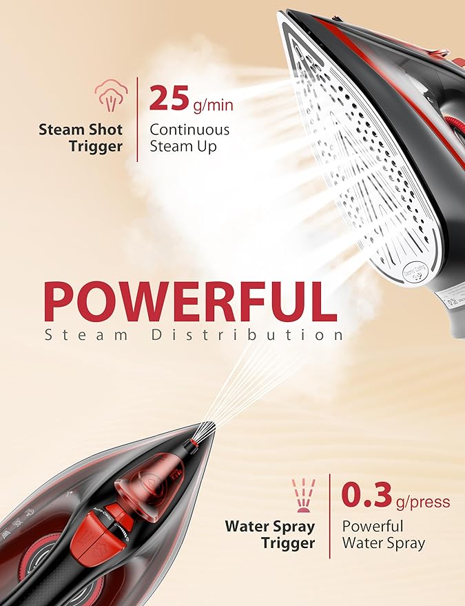 Burst steam Iron for Clothes, Automatic Shutoff, Light Weight, 1500W Iron with Non-Stick Ceramic Soleplate, 3-Way Auto-Off, Rapid Heating, Self-Cleaning, 15.21oz Water Tank Ironing Clothes for Home